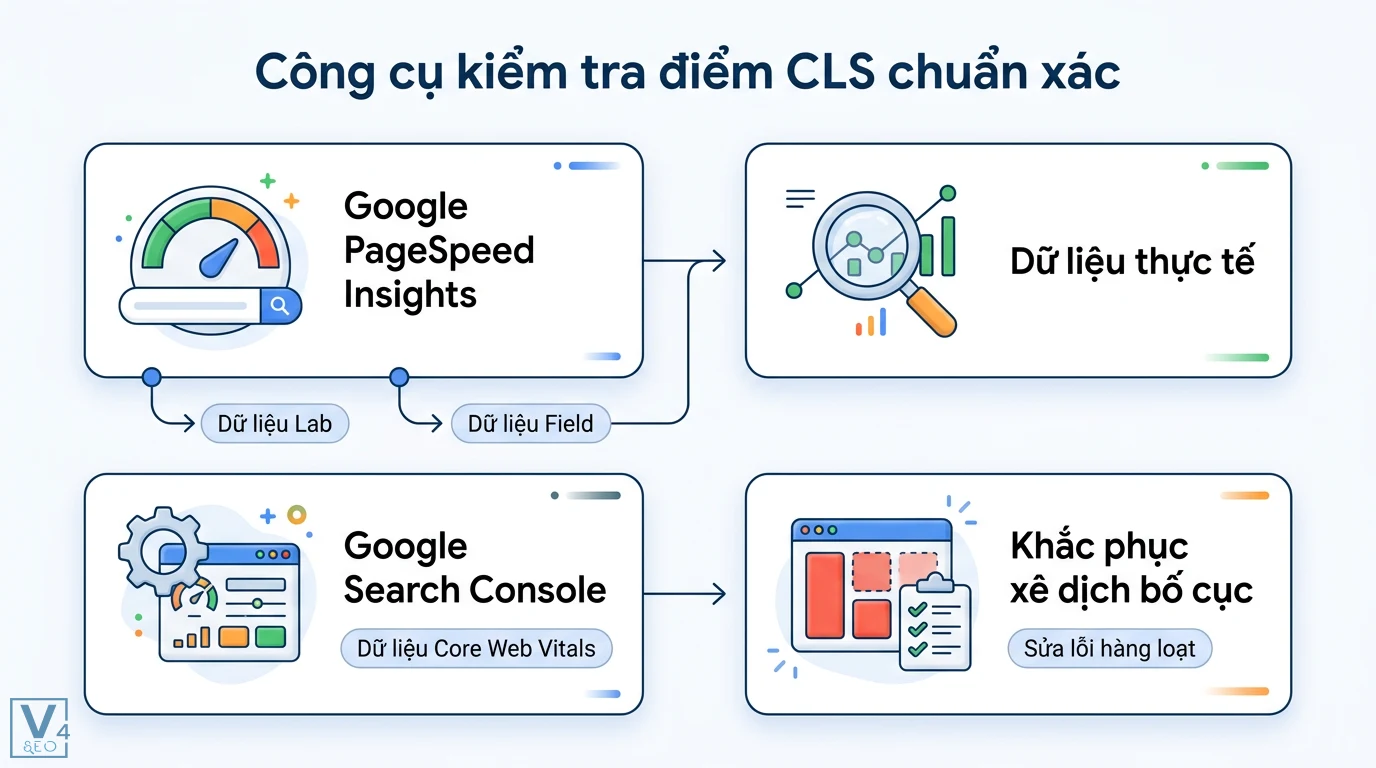Điểm CLS là gì? Hướng dẫn tối ưu và Checklist kỹ thuật chuẩn SEO 3 Công cụ kiểm tra điểm CLS từ Google PageSpeed Insights và Search Console hỗ trợ phân tích dữ liệu thực tế để khắc phục lỗi xê dịch vị trí