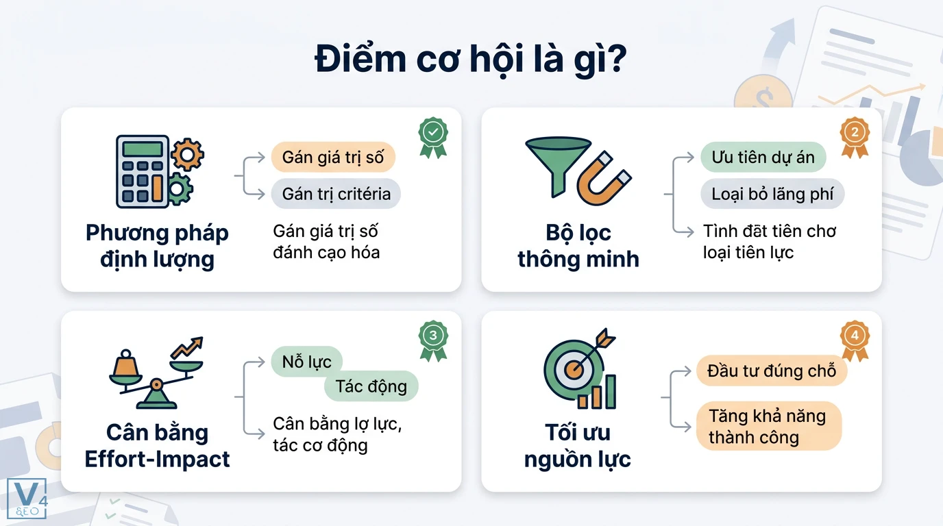 Điểm cơ hội là gì? Hướng dẫn đánh giá tiềm năng và mô hình ICE 1 Điểm cơ hội áp dụng phương pháp định lượng và bộ lọc thông minh giúp cân bằng nỗ lực với tác động nhằm tối ưu hóa nguồn lực doanh nghiệp
