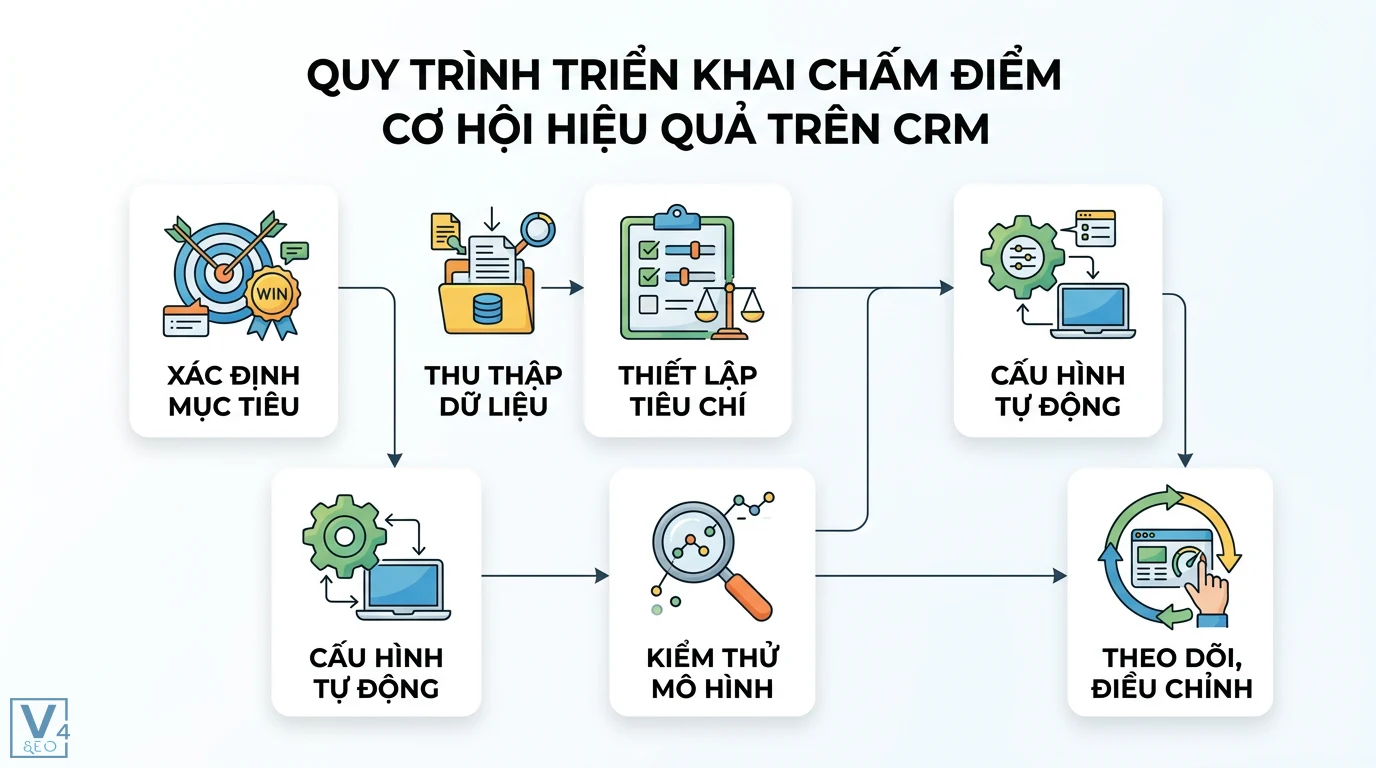 Điểm cơ hội là gì? Hướng dẫn đánh giá tiềm năng và mô hình ICE 2 Quy trình triển khai chấm điểm cơ hội trên CRM qua các bước xác định mục tiêu, thiết lập tiêu chí, cấu hình tự động và theo dõi điều chỉnh