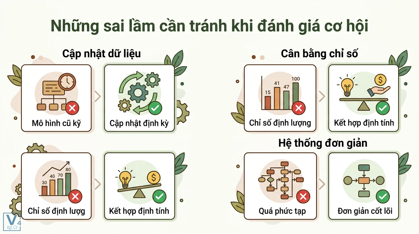Điểm cơ hội là gì? Hướng dẫn đánh giá tiềm năng và mô hình ICE 3 Sai lầm đánh giá cơ hội và giải pháp cập nhật dữ liệu định kỳ, kết hợp chỉ số định tính và đơn giản hóa hệ thống tiêu chí đánh giá cốt lõi