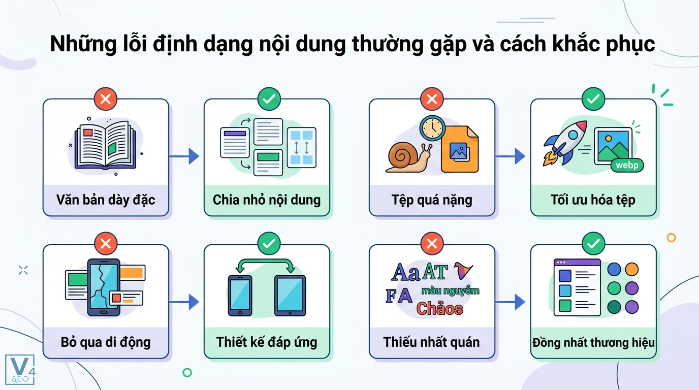 Định dạng nội dung là gì? Cách chọn format tối ưu theo mục tiêu 3 Khắc phục lỗi định dạng nội dung bằng cách chia nhỏ văn bản, tối ưu hóa tệp WebP, thiết kế đáp ứng và đảm bảo đồng nhất thương hiệu