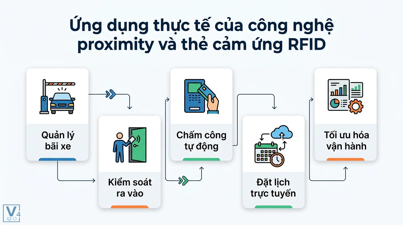 Distance/proximity là gì? Phân biệt cách dùng và ứng dụng RFID 2 Ứng dụng thực tế của công nghệ proximity và thẻ cảm ứng RFID trong quản lý bãi xe, kiểm soát ra vào, chấm công tự động và tối ưu hóa vận hành