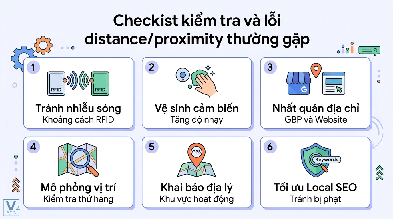 Distance/proximity là gì? Phân biệt cách dùng và ứng dụng RFID 3 Checklist kiểm tra lỗi distance/proximity gồm tối ưu khoảng cách RFID, nhất quán địa chỉ GBP và mô phỏng vị trí để cải thiện thứ hạng Local SEO