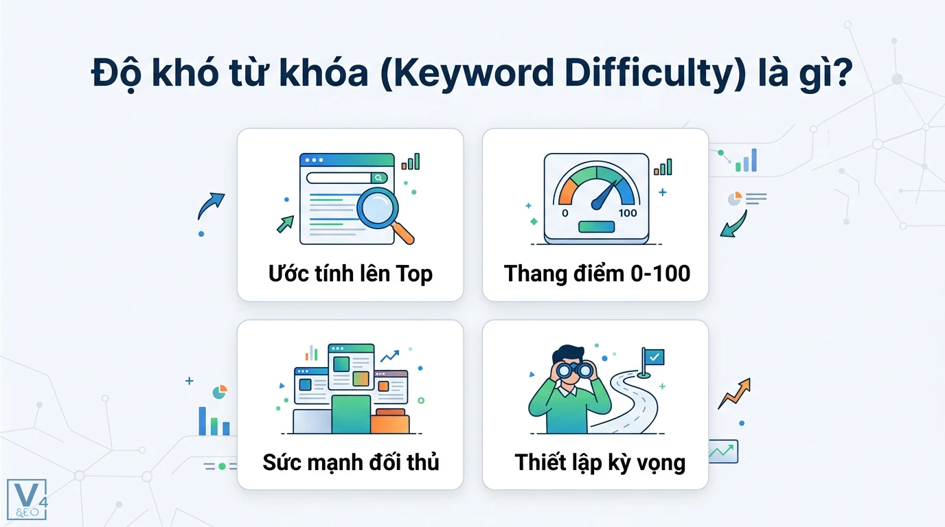 Độ khó từ khóa là gì? Hướng dẫn đánh giá KD và quy trình thực tế 1 Độ khó từ khóa Keyword Difficulty giúp ước tính khả năng lên Top dựa trên thang điểm 0-100 sức mạnh đối thủ và thiết lập kỳ vọng SEO thực tế