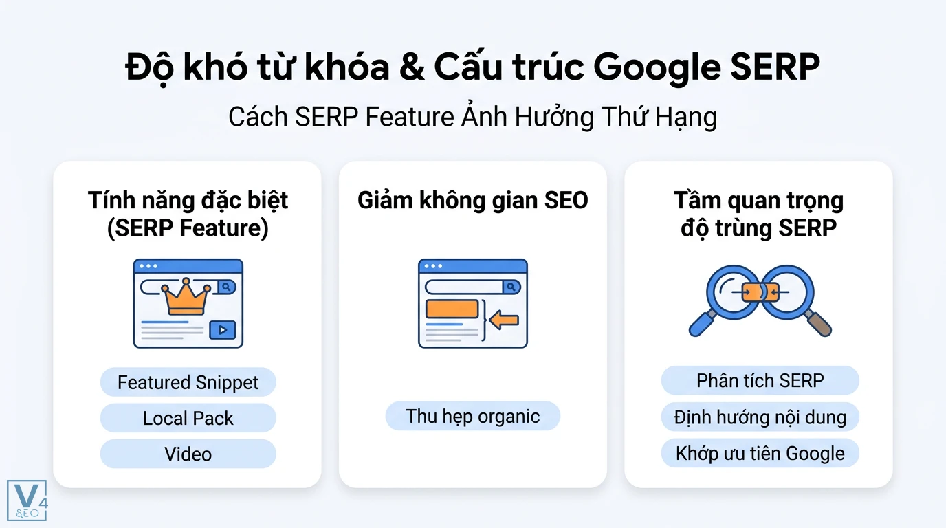 Độ khó từ khóa là gì? Hướng dẫn đánh giá KD và quy trình thực tế 2 Ảnh hưởng của SERP Feature đến độ khó từ khóa qua việc thu hẹp không gian hiển thị organic và vai trò của phân tích độ trùng SERP