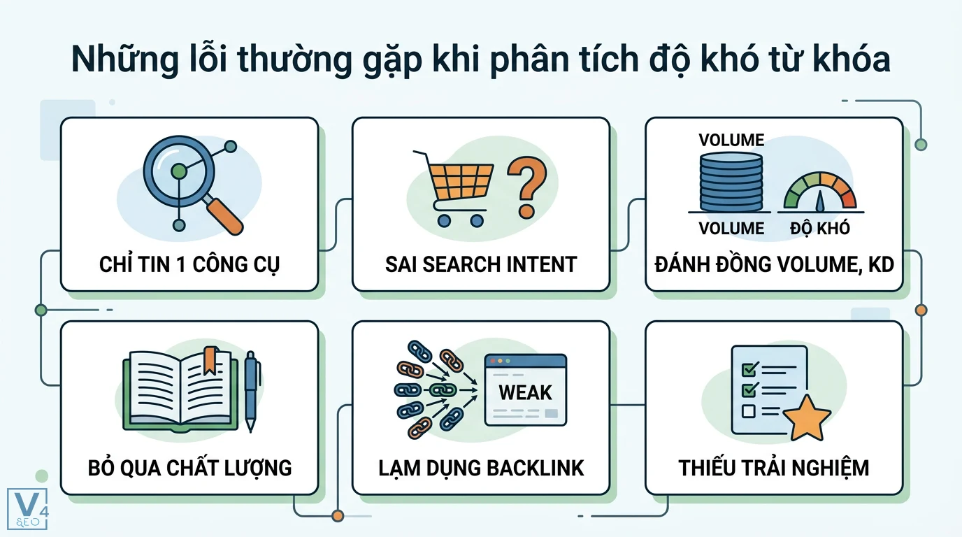 Độ khó từ khóa là gì? Hướng dẫn đánh giá KD và quy trình thực tế 3 Lỗi khi phân tích độ khó từ khóa: tin 1 công cụ, sai search intent, đánh đồng volume, KD, lạm dụng backlink, bỏ qua chất lượng, thiếu trải nghiệm