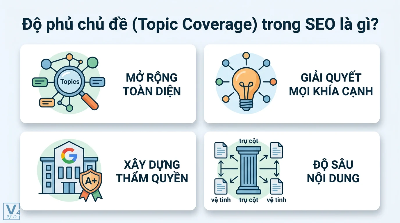 Độ phủ chủ đề là gì? Cách xây dựng Topical Authority cho website 1 Độ phủ chủ đề Topic Coverage trong SEO thể hiện qua mở rộng toàn diện, xây dựng thẩm quyền và độ sâu nội dung bài viết trụ cột và vệ tinh
