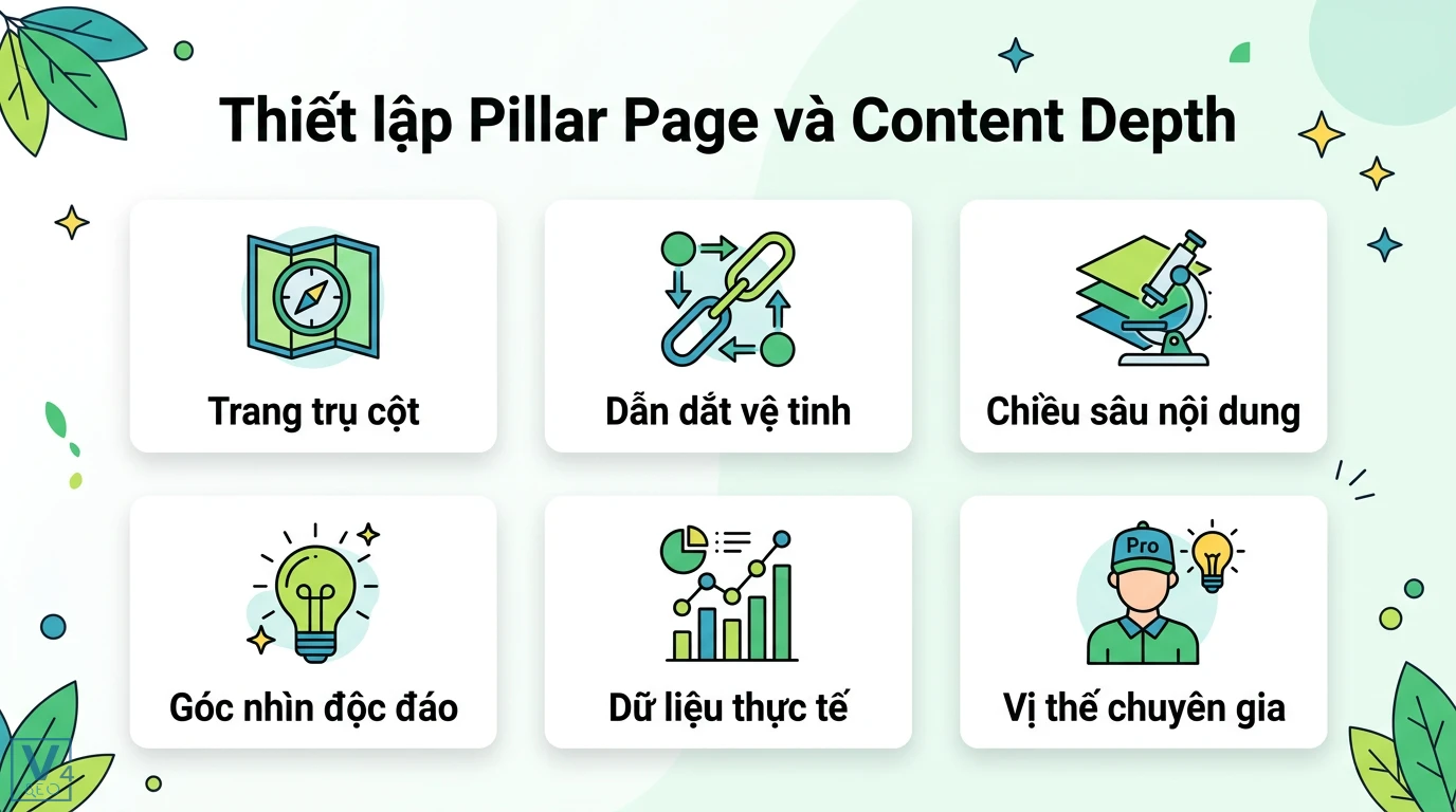 Độ phủ chủ đề là gì? Cách xây dựng Topical Authority cho website 2 Thiết lập Pillar Page dẫn dắt vệ tinh và xây dựng chiều sâu nội dung qua góc nhìn độc đáo, dữ liệu thực tế giúp khẳng định vị thế chuyên gia