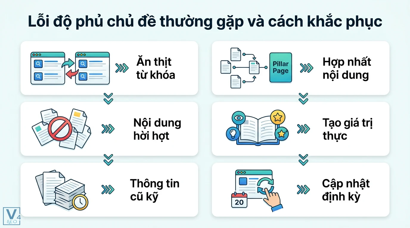 Độ phủ chủ đề là gì? Cách xây dựng Topical Authority cho website 3 Khắc phục lỗi độ phủ chủ đề qua hợp nhất bài viết ăn thịt từ khóa, tối ưu Pillar Page, tạo giá trị thực và cập nhật nội dung định kỳ