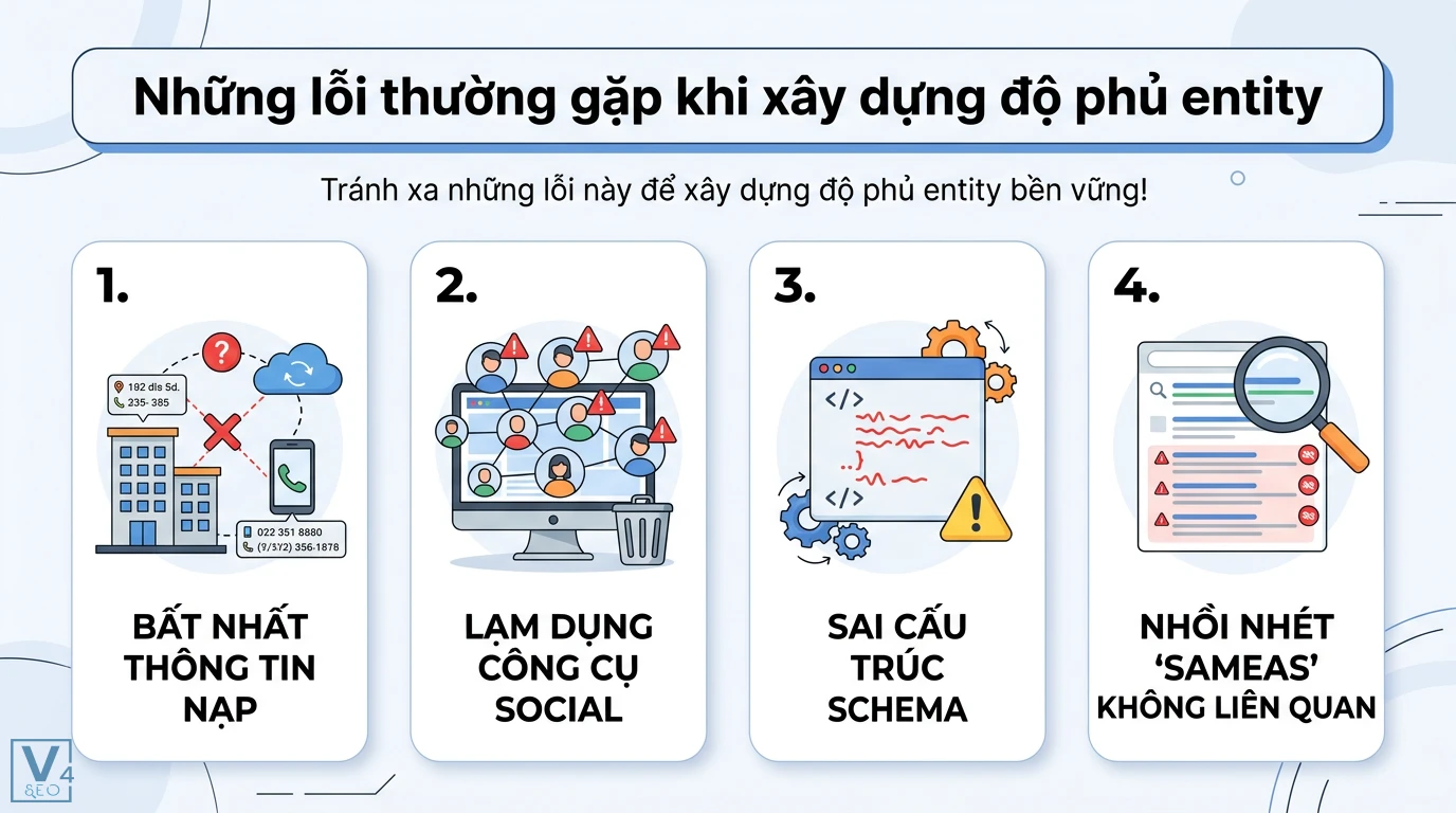 Độ phủ entity là gì? Cách đo lường và mở rộng Topical Authority 3 Lỗi xây dựng độ phủ entity gồm bất nhất NAP, lạm dụng công cụ social, sai cấu trúc Schema và nhồi nhét sameAs không liên quan
