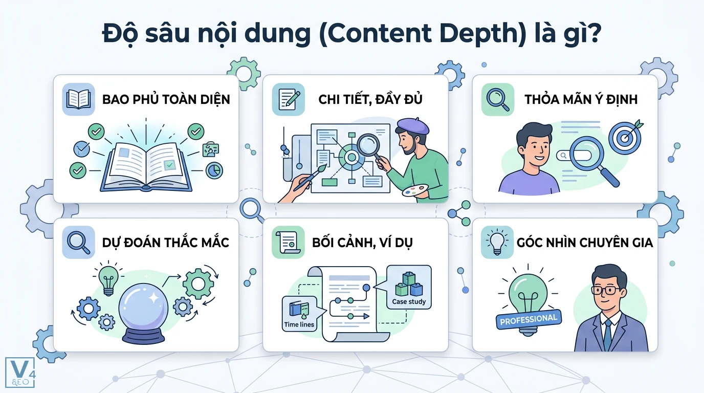 Độ sâu nội dung là gì? Cách xây dựng Semantic Authority năm 2026 1 Độ sâu nội dung gồm bao phủ toàn diện, chi tiết đầy đủ, thỏa mãn ý định tìm kiếm, dự đoán thắc mắc, bối cảnh ví dụ và góc nhìn chuyên gia