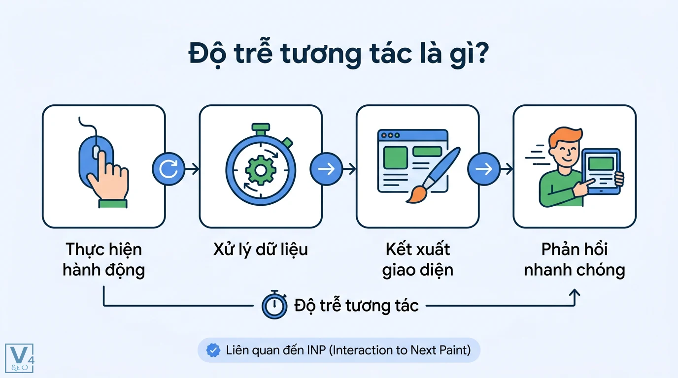 Độ trễ tương tác là gì? Cách phân biệt với ping và tối ưu INP 1 Độ trễ tương tác và chỉ số INP thể hiện quy trình từ thực hiện hành động, xử lý dữ liệu đến kết xuất giao diện và phản hồi nhanh chóng