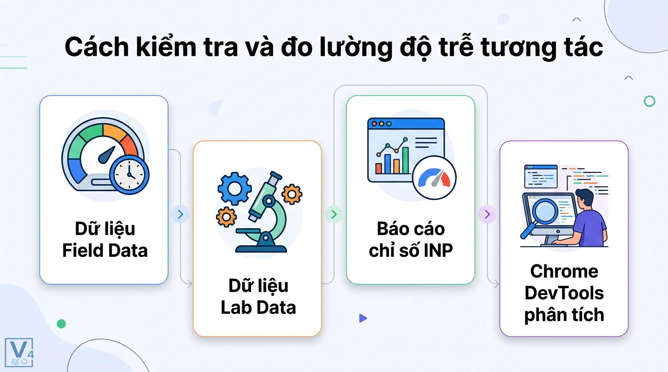 Độ trễ tương tác là gì? Cách phân biệt với ping và tối ưu INP 2 Kiểm tra độ trễ tương tác qua Field Data, Lab Data, báo cáo chỉ số INP và Chrome DevTools để phân tích chính xác hiệu năng trang web