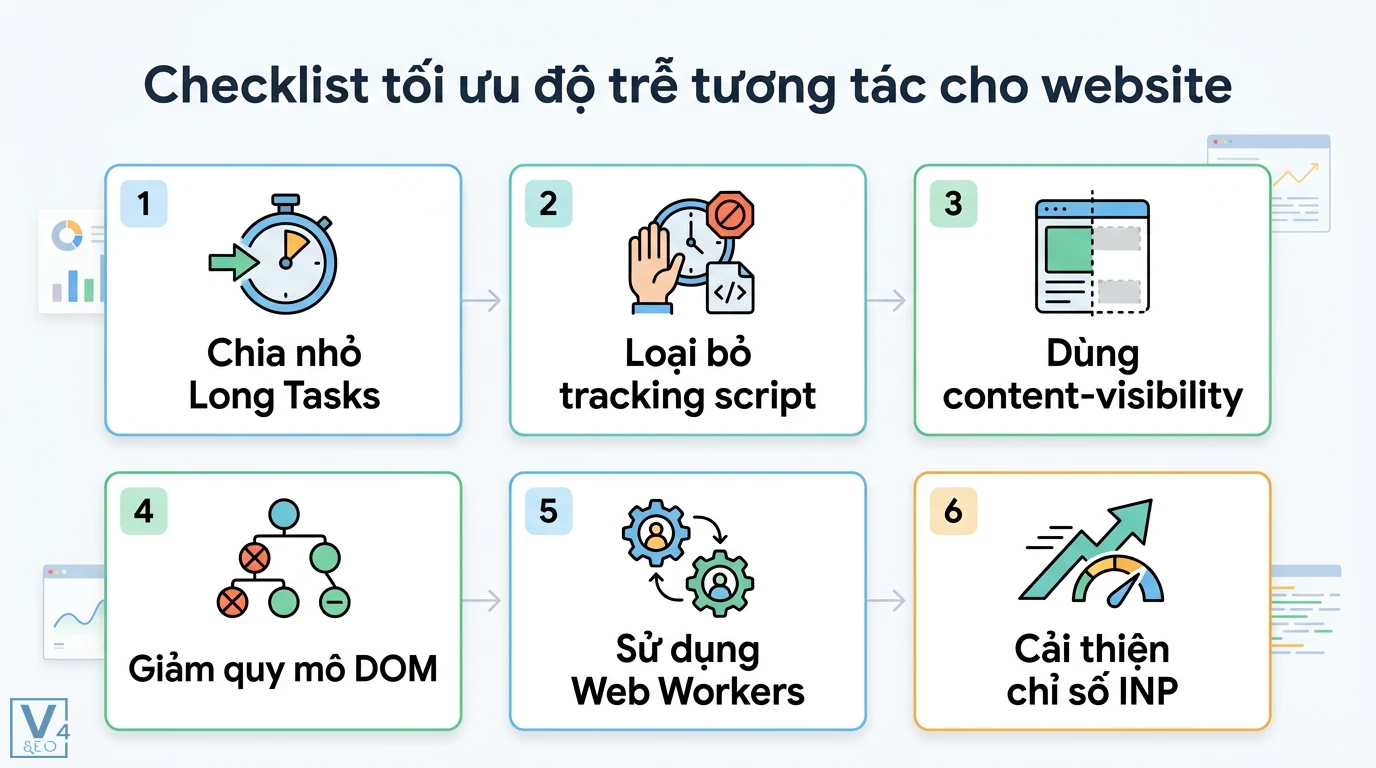 Độ trễ tương tác là gì? Cách phân biệt với ping và tối ưu INP 3 Tối ưu độ trễ tương tác website gồm chia nhỏ Long Tasks, loại bỏ tracking script, giảm quy mô DOM và dùng Web Workers để cải thiện INP