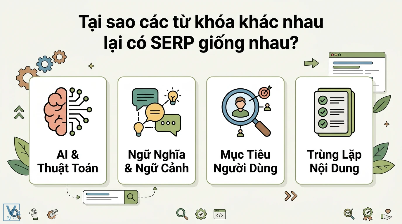 Độ trùng SERP là gì? Cách dùng SERP Overlap để gom nhóm từ khóa 1 Tại sao các từ khóa khác nhau có SERP giống nhau dựa trên AI, thuật toán, ngữ nghĩa & ngữ cảnh, mục tiêu người dùng và trùng lặp nội dung