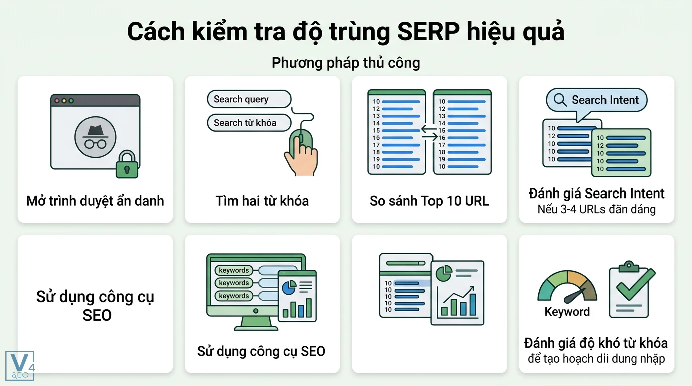 Độ trùng SERP là gì? Cách dùng SERP Overlap để gom nhóm từ khóa 2 Kiểm tra độ trùng SERP bằng phương pháp thủ công và công cụ SEO để xác định Search Intent cùng độ khó từ khóa khi lập kế hoạch nội dung