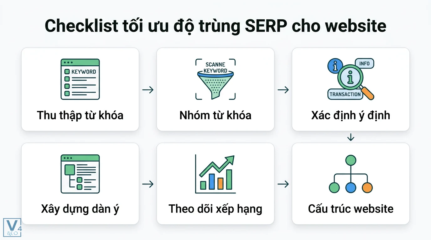 Độ trùng SERP là gì? Cách dùng SERP Overlap để gom nhóm từ khóa 3 Checklist tối ưu độ trùng SERP qua thu thập từ khóa, phân nhóm, xác định ý định, xây dựng dàn ý, theo dõi xếp hạng và cấu trúc website