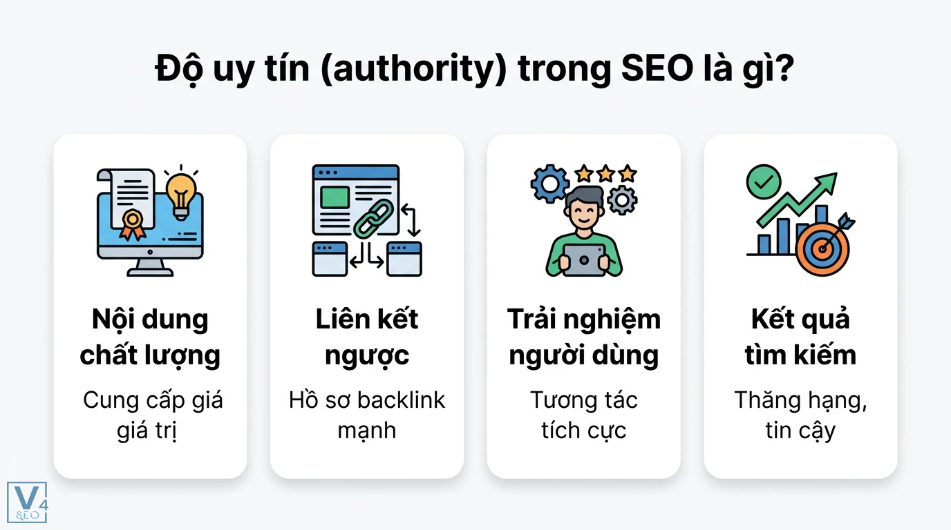 Độ uy tín (authority) là gì? Cách tăng DA PA và E-E-A-T chuẩn SEO 1 Độ uy tín authority trong SEO dựa trên nội dung chất lượng, liên kết ngược và trải nghiệm người dùng để cải thiện thứ hạng tìm kiếm bền vững
