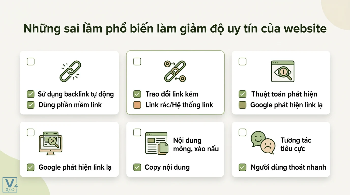 Độ uy tín (authority) là gì? Cách tăng DA PA và E-E-A-T chuẩn SEO 3 Sai lầm giảm uy tín website như dùng backlink tự động, trao đổi link rác, nội dung xào nấu và tương tác tiêu cực khiến Google đánh giá thấp