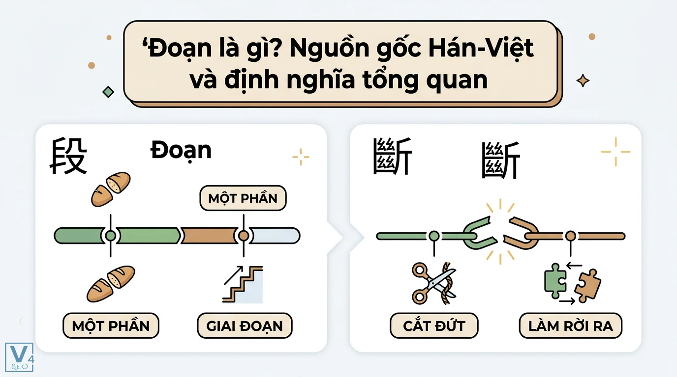 Đoạn định nghĩa là gì? Ý nghĩa Hán Việt và cách dùng chi tiết 1 Ý nghĩa từ Đoạn trong Hán-Việt gồm chữ 段 mang nghĩa một phần giai đoạn và chữ 斷 mang nghĩa cắt đứt hoặc làm rời ra khỏi nhau