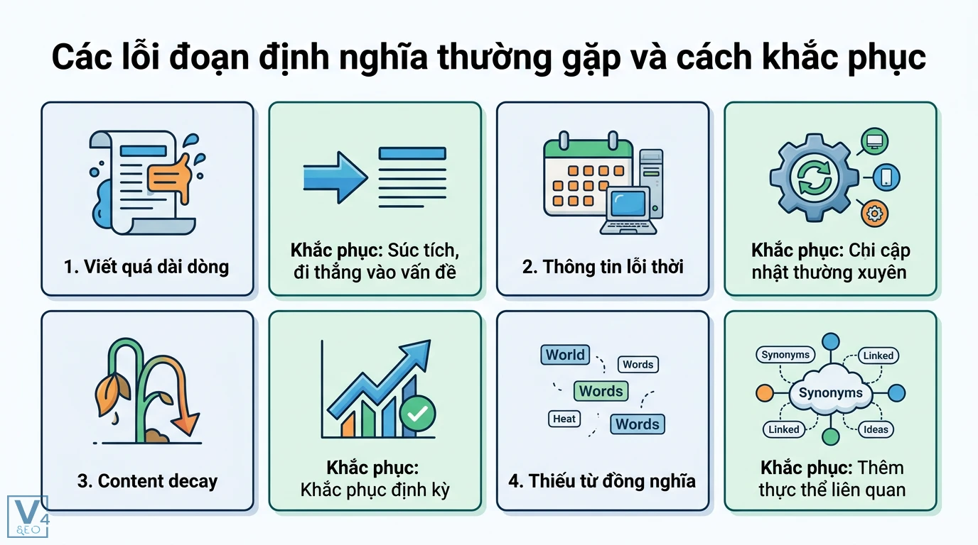 Đoạn định nghĩa là gì? Ý nghĩa Hán Việt và cách dùng chi tiết 3 Các lỗi đoạn định nghĩa và cách khắc phục bằng việc viết súc tích, cập nhật thông tin, xử lý content decay và bổ sung thực thể liên quan