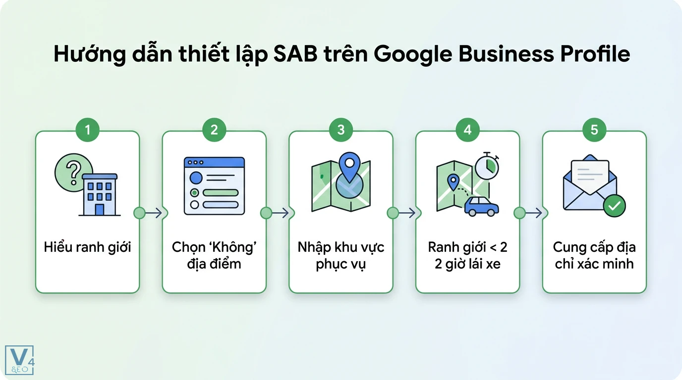 Doanh nghiệp khu vực phục vụ (SAB) là gì? Cách xác minh Maps 2 Thiết lập SAB trên Google Business Profile qua việc chọn không có địa điểm, giới hạn khu vực phục vụ dưới 2 giờ lái xe và xác minh địa chỉ
