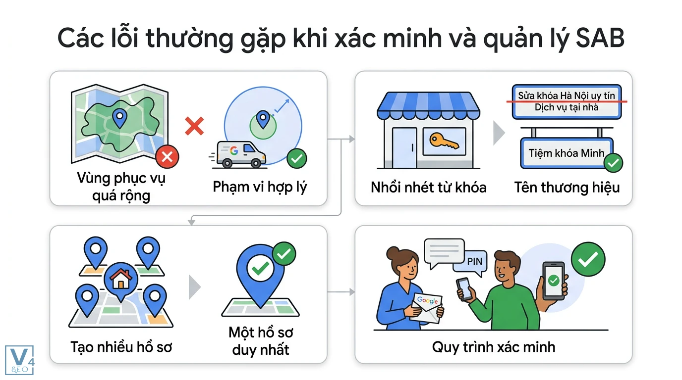 Doanh nghiệp khu vực phục vụ (SAB) là gì? Cách xác minh Maps 3 Lỗi xác minh SAB do vùng phục vụ quá rộng, nhồi nhét từ khóa vào tên, tạo nhiều hồ sơ và quy trình nhận mã PIN để xác minh doanh nghiệp