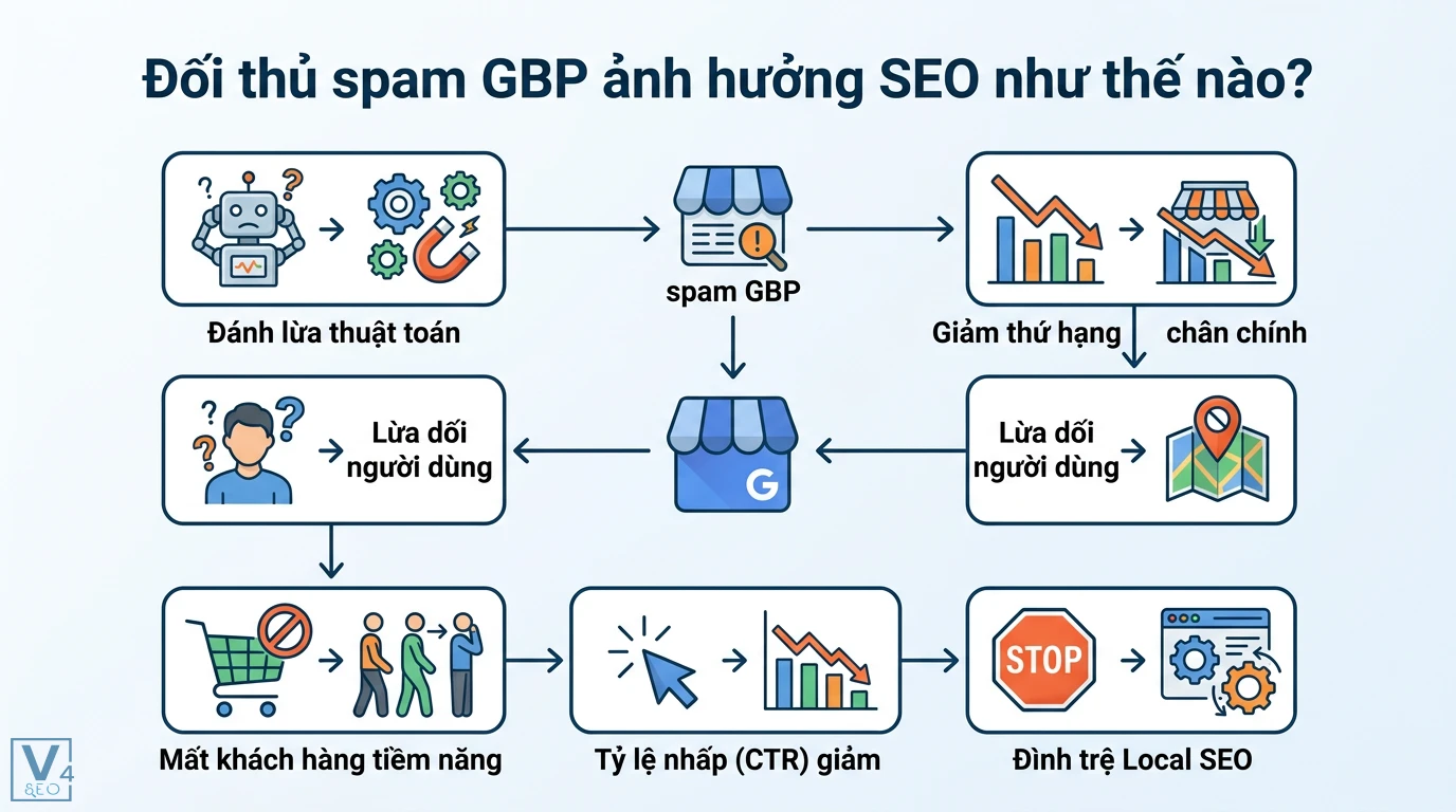 Đối thủ spam GBP là gì? Cách nhận biết và xử lý để bảo vệ Local SEO 2 Spam GBP đánh lừa thuật toán làm giảm thứ hạng doanh nghiệp chân chính, gây mất khách hàng tiềm năng, giảm tỷ lệ CTR và đình trệ Local SEO