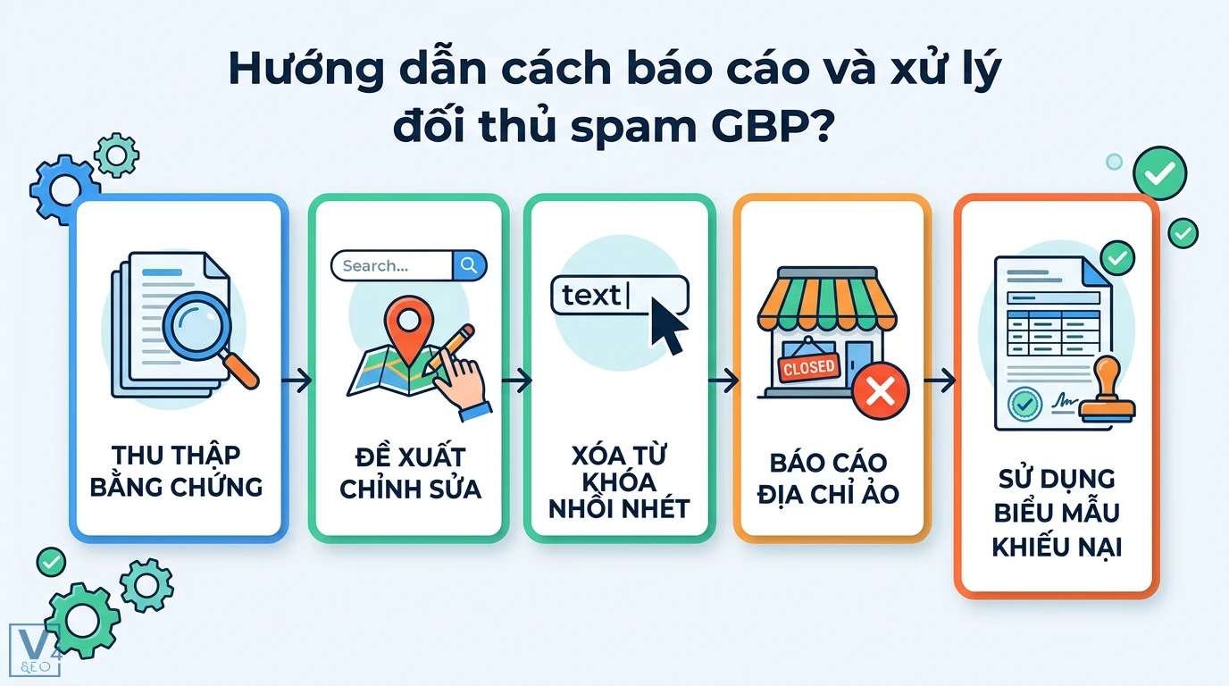 Đối thủ spam GBP là gì? Cách nhận biết và xử lý để bảo vệ Local SEO 3 Các bước xử lý đối thủ spam GBP: thu thập bằng chứng, đề xuất chỉnh sửa, xóa từ khóa nhồi nhét, báo cáo địa chỉ ảo và gửi biểu mẫu khiếu nại