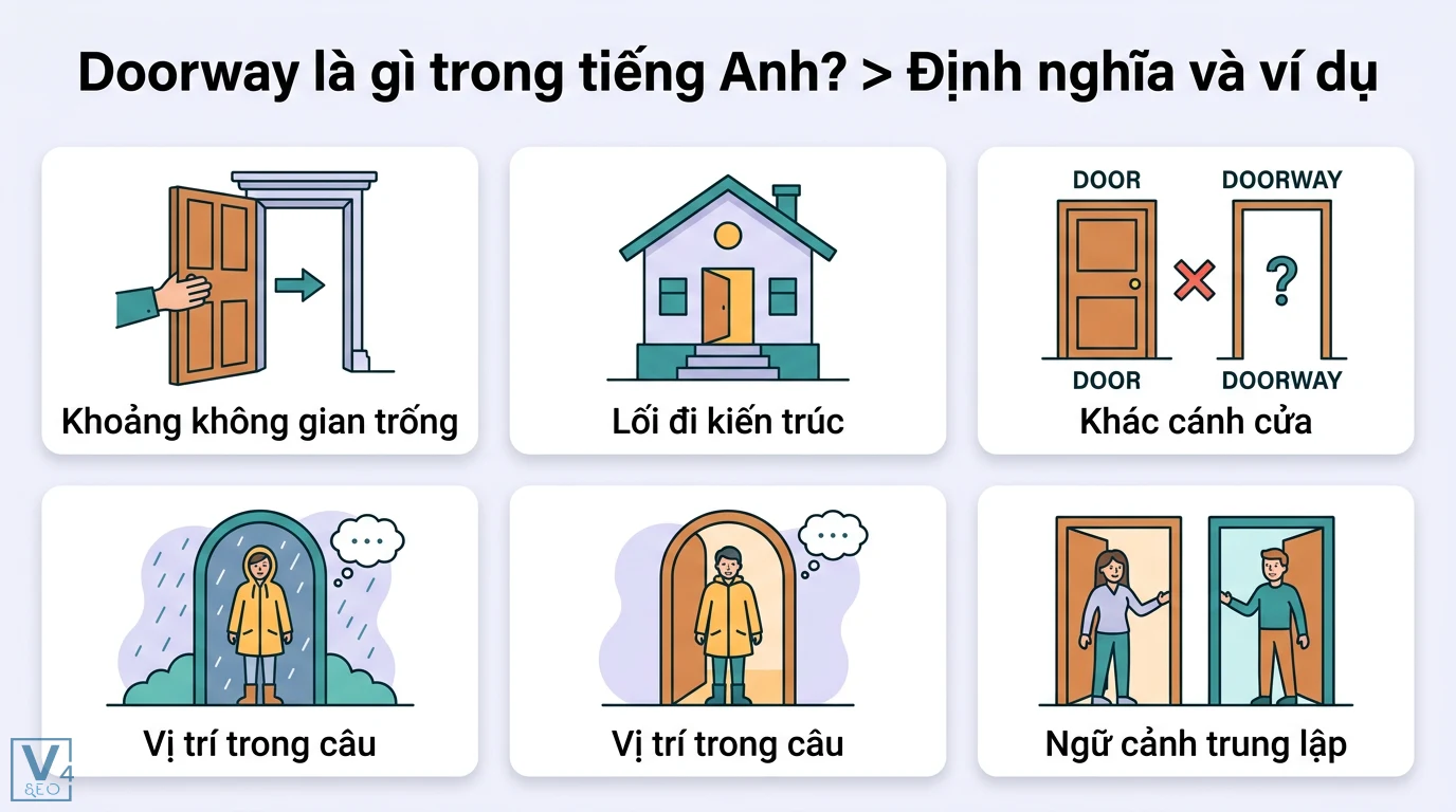 Doorway là gì? Giải nghĩa từ vựng và kỹ thuật Doorway Page SEO 1 Doorway là khoảng không gian trống hoặc lối đi kiến trúc khác với cánh cửa kèm ví dụ về vị trí đứng trong câu và ngữ cảnh sử dụng trung lập