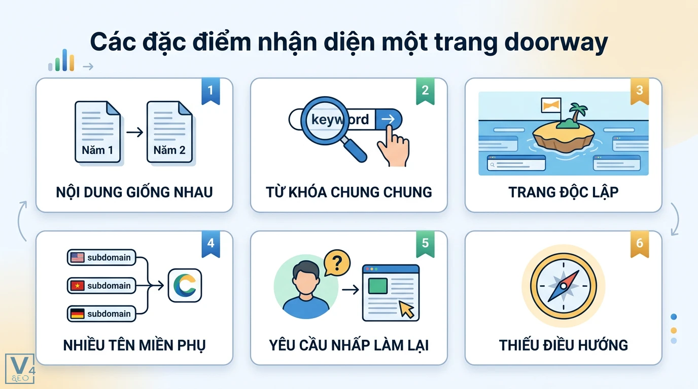 Doorway là gì? Giải nghĩa từ vựng và kỹ thuật Doorway Page SEO 2 Đặc điểm nhận diện trang doorway qua nội dung trùng lặp, từ khóa chung chung, trang độc lập, nhiều tên miền phụ và thiếu hệ thống điều hướng