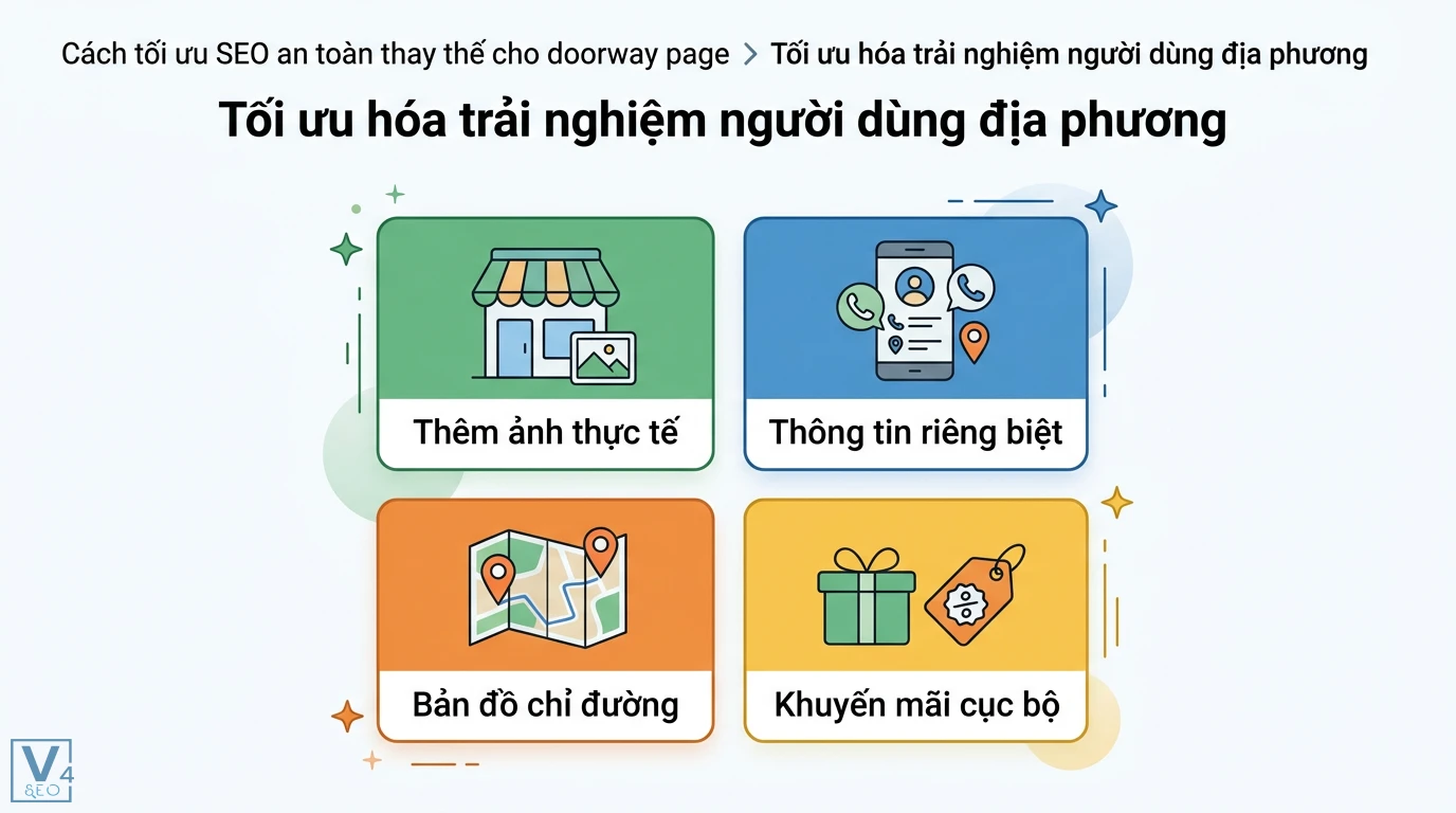 Doorway là gì? Giải nghĩa từ vựng và kỹ thuật Doorway Page SEO 3 Tối ưu hóa trải nghiệm người dùng địa phương bằng thông tin riêng biệt, bản đồ chỉ đường, khuyến mãi cục bộ và tư liệu thực tế tại chi nhánh