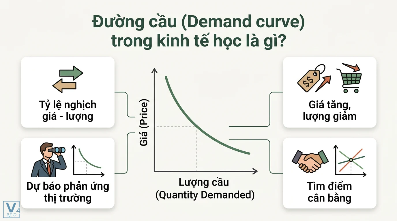 Đường cong nhu cầu tìm kiếm là gì? Phân biệt SEO và kinh tế học 1 Đường cầu kinh tế học thể hiện mối quan hệ tỷ lệ nghịch giữa giá và lượng cầu giúp dự báo phản ứng thị trường và xác định điểm cân bằng