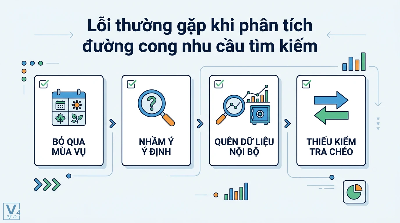 Đường cong nhu cầu tìm kiếm là gì? Phân biệt SEO và kinh tế học 3 Lỗi phân tích đường cong nhu cầu tìm kiếm như bỏ qua tính mùa vụ, nhầm lẫn ý định, quên dữ liệu nội bộ và thiếu quy trình kiểm tra chéo dữ liệu