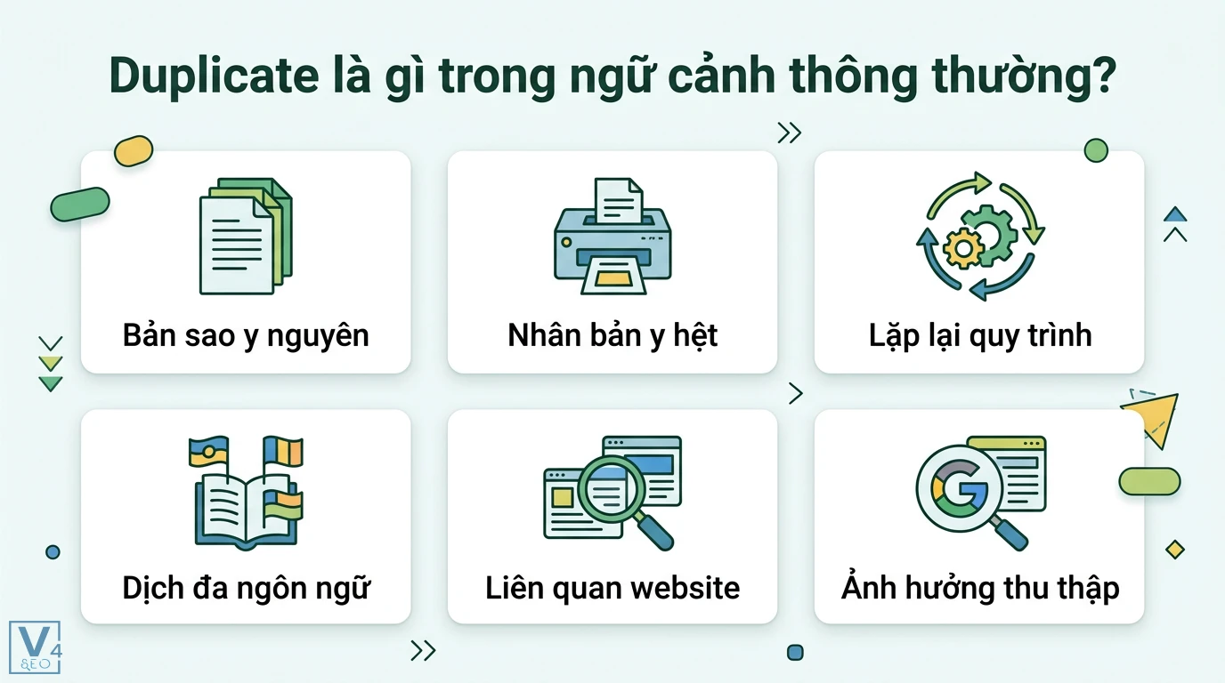 Duplicate đa ngôn ngữ là gì và giải pháp tránh trùng lặp nội dung 1 Duplicate gồm bản sao y nguyên, nhân bản y hệt, lặp lại quy trình, dịch đa ngôn ngữ và tác động đến việc thu thập dữ liệu website