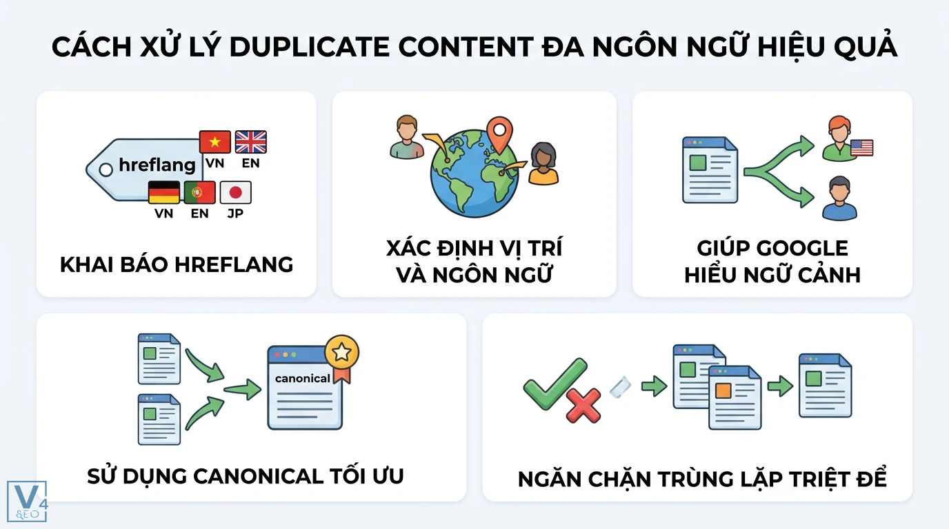 Duplicate đa ngôn ngữ là gì và giải pháp tránh trùng lặp nội dung 2 Cách xử lý duplicate content đa ngôn ngữ bằng thẻ hreflang và canonical giúp Google hiểu ngữ cảnh để ngăn chặn nội dung trùng lặp triệt để