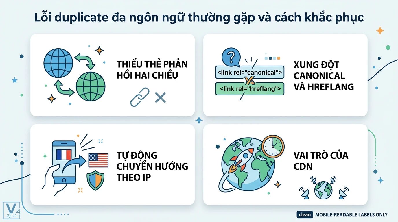 Duplicate đa ngôn ngữ là gì và giải pháp tránh trùng lặp nội dung 3 Lỗi SEO đa ngôn ngữ thường gặp gồm thiếu thẻ hreflang hai chiều, xung đột canonical, tự động chuyển hướng IP và giải pháp từ mạng lưới CDN
