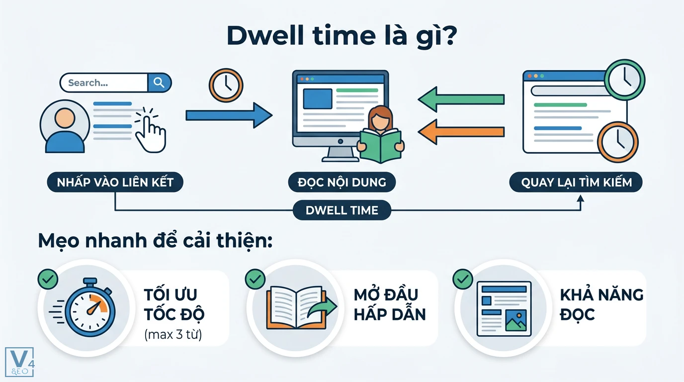 Dwell time là gì? Cách tối ưu UX và nội dung để cải thiện thứ hạng 1 Dwell time là quy trình người dùng nhấp vào liên kết, đọc nội dung và quay lại tìm kiếm kèm mẹo tối ưu tốc độ, mở đầu hấp dẫn để tăng trải nghiệm