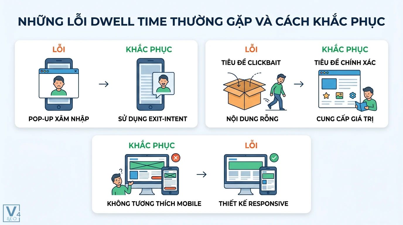 Dwell time là gì? Cách tối ưu UX và nội dung để cải thiện thứ hạng 3 Cách khắc phục lỗi dwell time thường gặp bằng pop-up exit-intent, cung cấp nội dung giá trị và tối ưu thiết kế responsive cho website