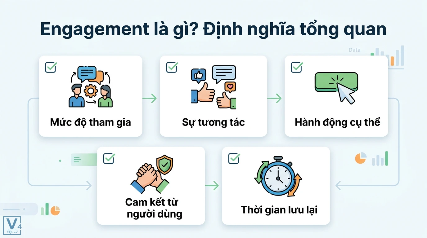 Engagement là gì? Ý nghĩa và cách tính tương tác trong Marketing 1 Engagement và định nghĩa tổng quan về mức độ tham gia, sự tương tác, hành động cụ thể, cam kết từ người dùng cùng thời gian lưu lại
