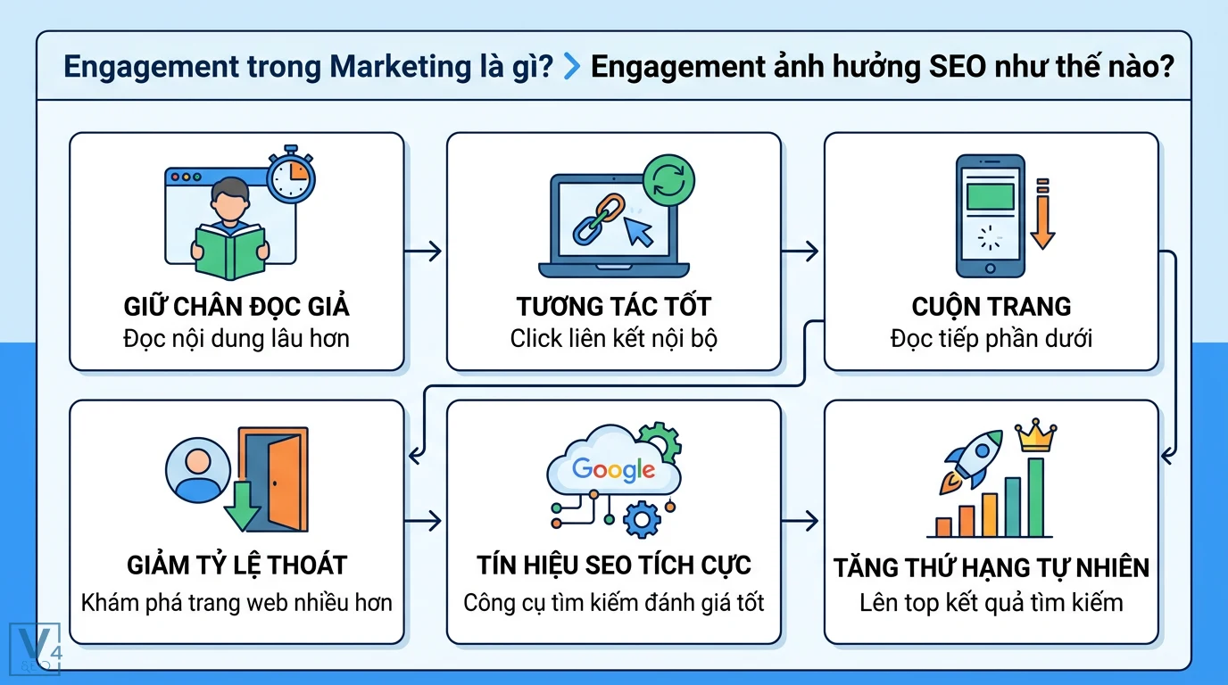 Engagement là gì? Ý nghĩa và cách tính tương tác trong Marketing 2 Engagement cải thiện SEO qua giữ chân độc giả, click link nội bộ, cuộn trang và giảm tỷ lệ thoát để tăng thứ hạng tự nhiên trên Google