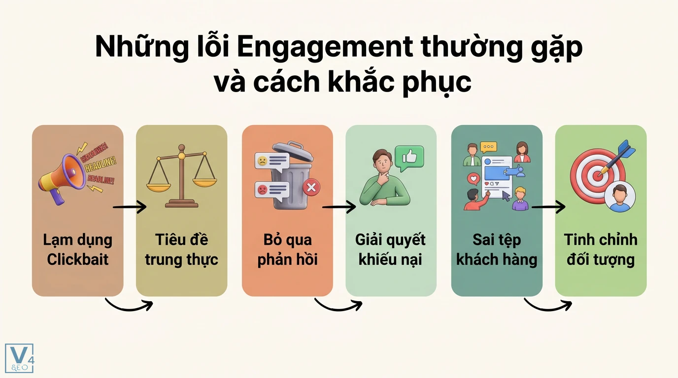 Engagement là gì? Ý nghĩa và cách tính tương tác trong Marketing 3 Cách khắc phục lỗi engagement bằng việc dùng tiêu đề trung thực, giải quyết phản hồi tiêu cực và tinh chỉnh chính xác đối tượng mục tiêu
