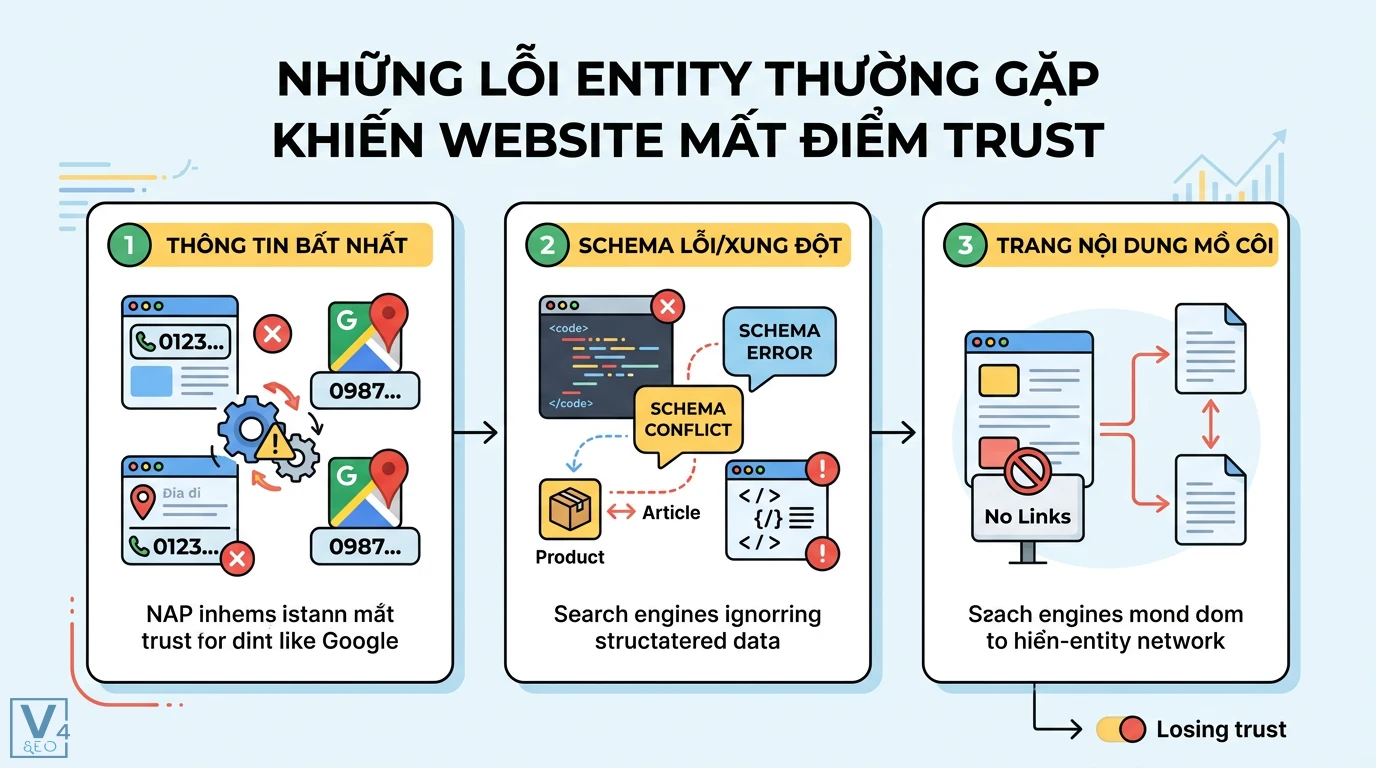 Entity là gì? Cách xây dựng thực thể giúp bứt phá SEO năm 2026 3 Lỗi entity phổ biến gồm thông tin NAP bất nhất, Schema Markup bị xung đột và trang nội dung mồ côi gây ảnh hưởng đến độ tin cậy của website
