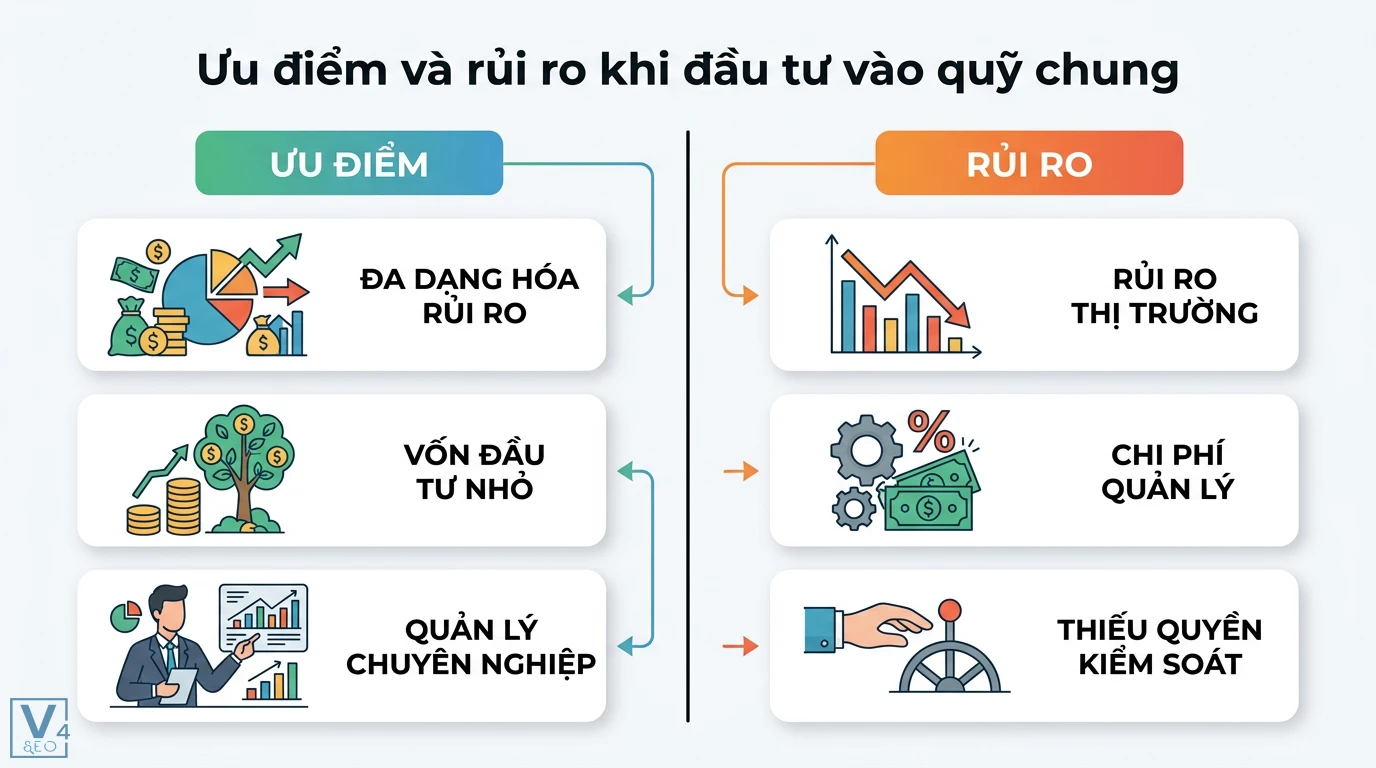 FCP là gì? Tìm hiểu về Quỹ đầu tư chung và cách phân biệt SICAV 2 Ưu điểm đa dạng hóa rủi ro, vốn nhỏ, quản lý chuyên nghiệp và các rủi ro thị trường, chi phí quản lý, thiếu quyền kiểm soát khi đầu tư quỹ chung