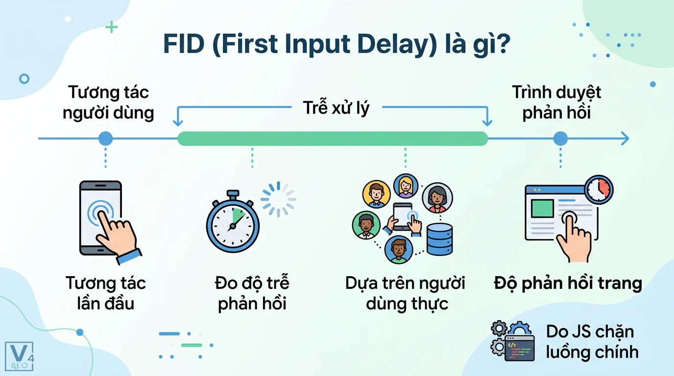 FID là gì? Cách tối ưu First Input Delay và lộ trình sang INP 1 FID First Input Delay đo độ trễ phản hồi từ tương tác đầu tiên của người dùng đến lúc trình duyệt xử lý do JavaScript chặn luồng chính