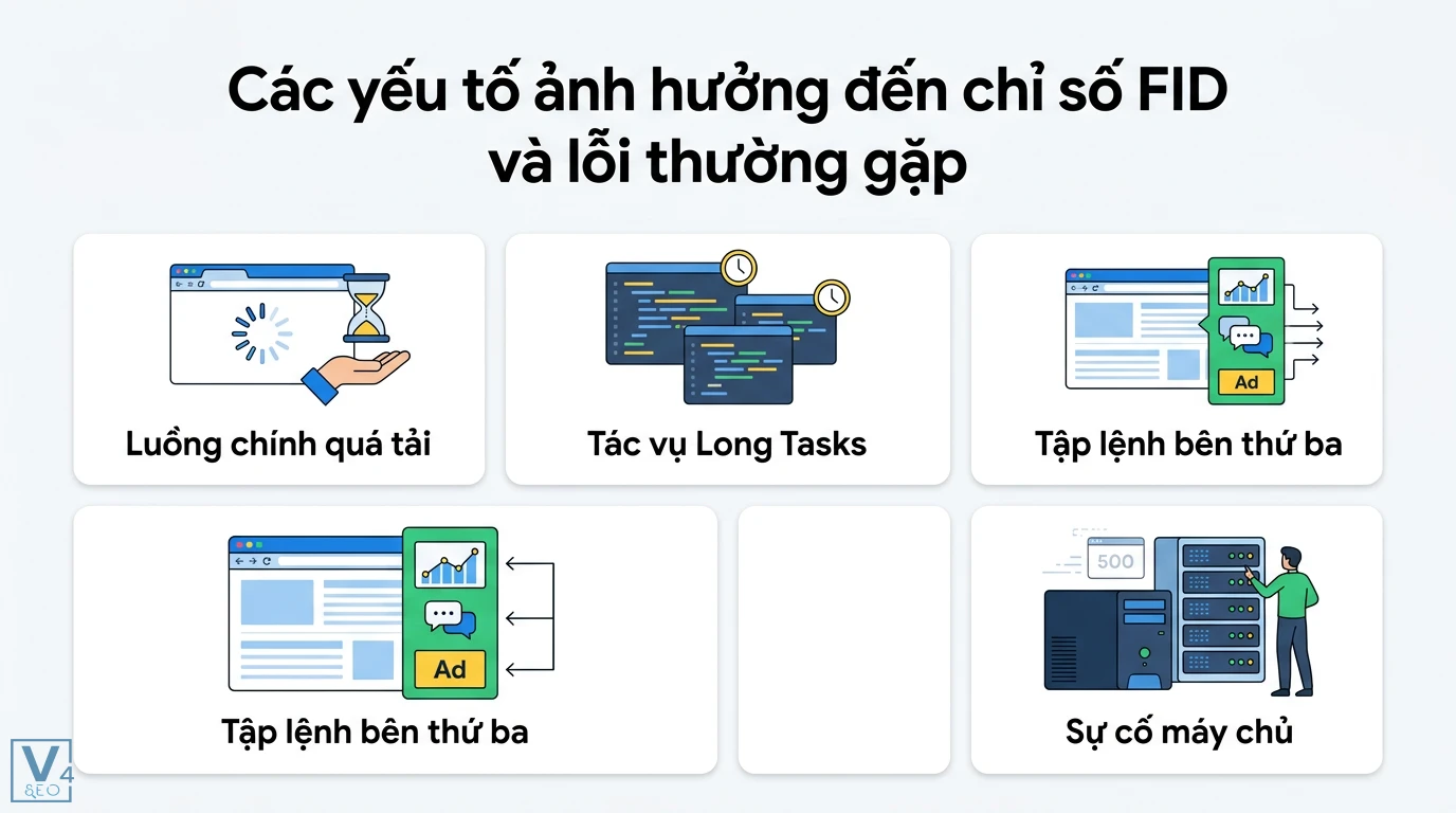 FID là gì? Cách tối ưu First Input Delay và lộ trình sang INP 2 Các yếu tố ảnh hưởng đến chỉ số FID gồm luồng chính quá tải, tác vụ Long Tasks, tập lệnh bên thứ ba và sự cố máy chủ 5xx trên website