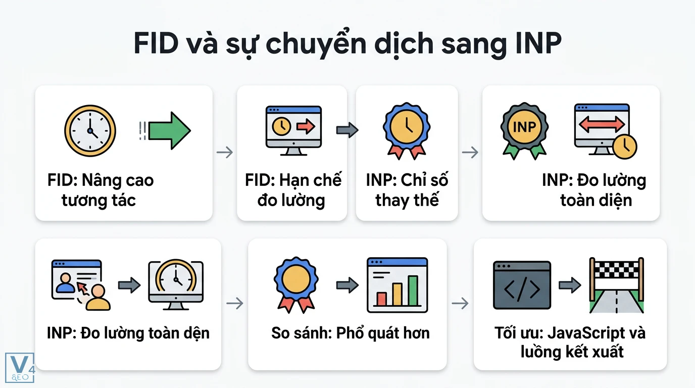 FID là gì? Cách tối ưu First Input Delay và lộ trình sang INP 3 FID và sự chuyển dịch sang INP giúp đo lường tương tác toàn diện thông qua tối ưu hóa JavaScript và luồng kết xuất cho hiệu suất website