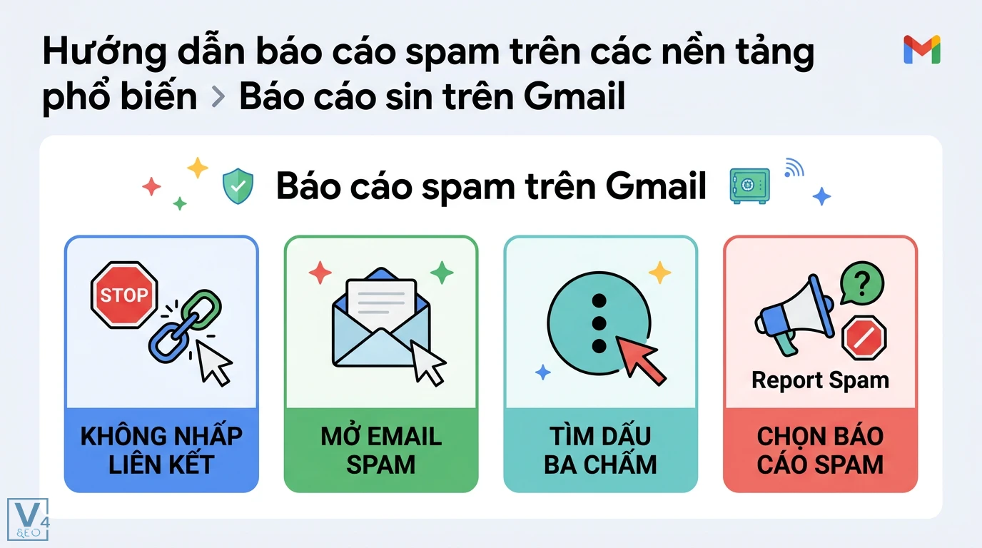 Form báo cáo spam là gì? Cách báo cáo rác trên Facebook và Gmail 2 Báo cáo spam trên Gmail qua các bước không nhấp liên kết, mở thư rác, tìm biểu tượng dấu ba chấm và chọn báo cáo spam để bảo vệ người dùng