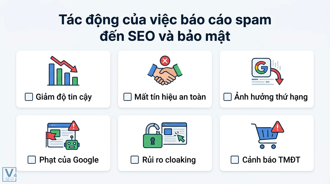 Form báo cáo spam là gì? Cách báo cáo rác trên Facebook và Gmail 3 Tác động báo cáo spam gồm giảm độ tin cậy, mất tín hiệu an toàn, ảnh hưởng thứ hạng, rủi ro cloaking, bị Google phạt và cảnh báo sàn TMĐT