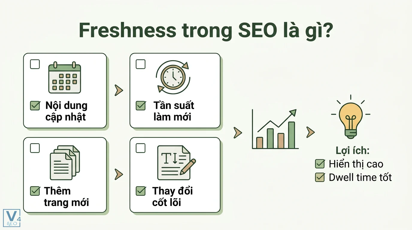 Freshness là gì? Giải nghĩa từ điển và thuật toán Google SEO 1 Freshness trong SEO qua cập nhật nội dung, tần suất làm mới và thêm trang mới giúp tăng khả năng hiển thị cùng dwell time cho website